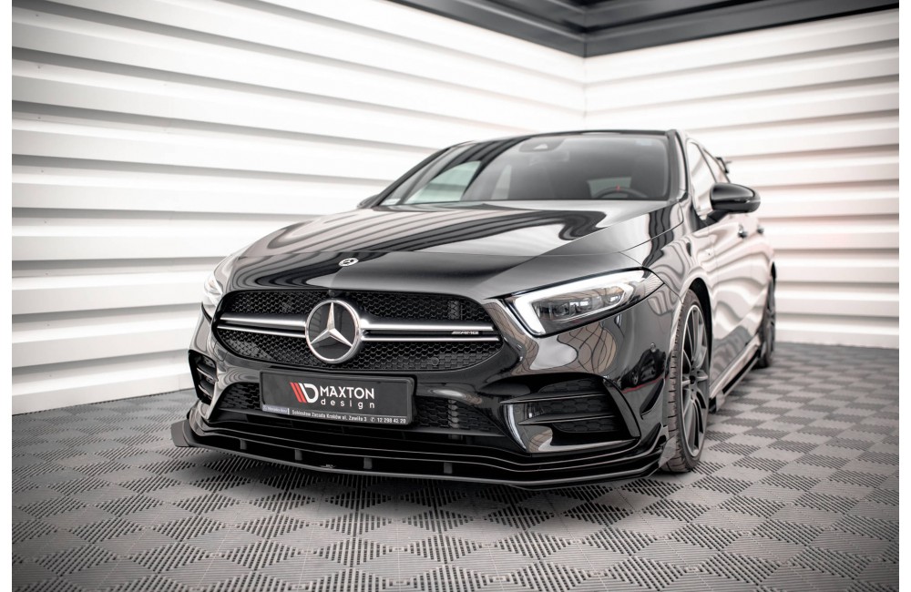 Street Pro Front Splitter + Flaps Mercedes A35 AMG / AMG-Line Aero Pack W177  - Black + Gloss Flaps