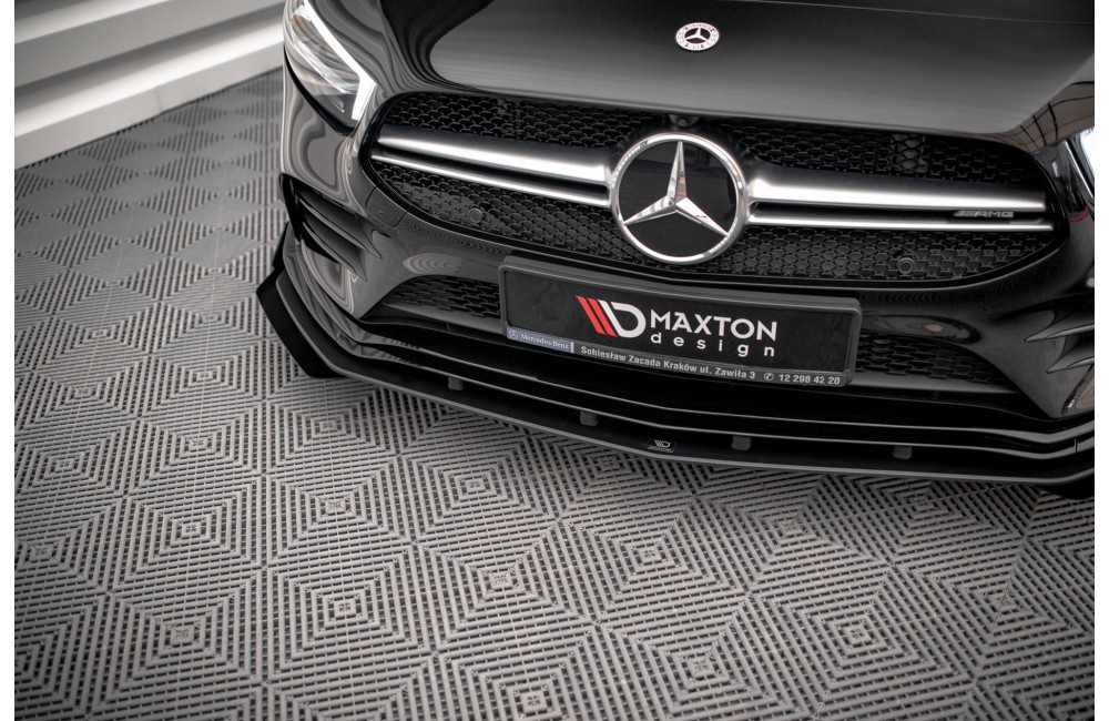 Street Pro Front Splitter + Flaps Mercedes A35 AMG / AMG-Line Aero Pack W177  - Black + Gloss Flaps