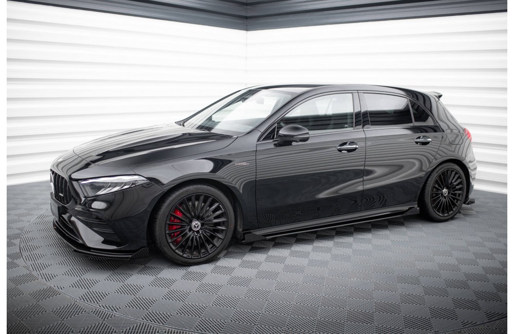 Street Pro Side Skirts Diffusers + Flaps Mercedes-AMG A35 W177 Facelift - Black + Gloss Flaps